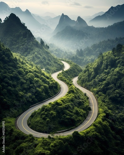 A winding road disappearing into the distance, A highway in national park, centered, stretching all the way to the horizon, closeup view, beatiful landscape, forest, mountains, ultra detailed photo