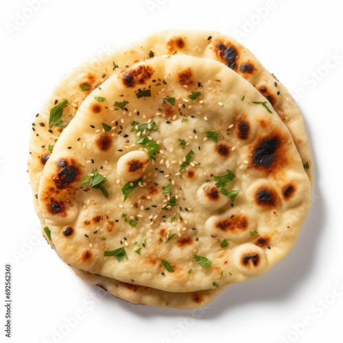 Garlic naan on isolated white background, Indian healthy vegetarian bread dish cuisine photo