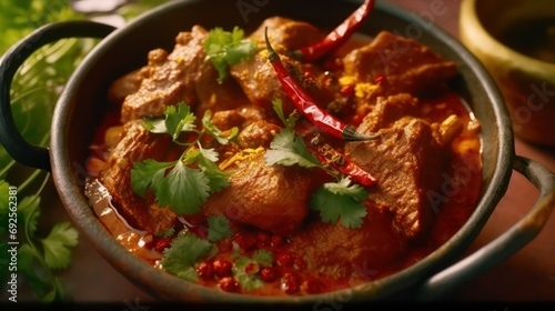 Closeup of traditional lamb Rogan Josh, Indian spicy lamb curry recipe cuisine