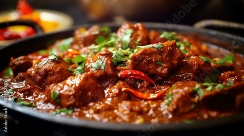 Closeup of traditional lamb Rogan Josh, Indian spicy lamb curry recipe cuisine