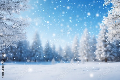 Beautiful winter background of snow and blurred forest in background, Gently falling snow flakes against blue sky