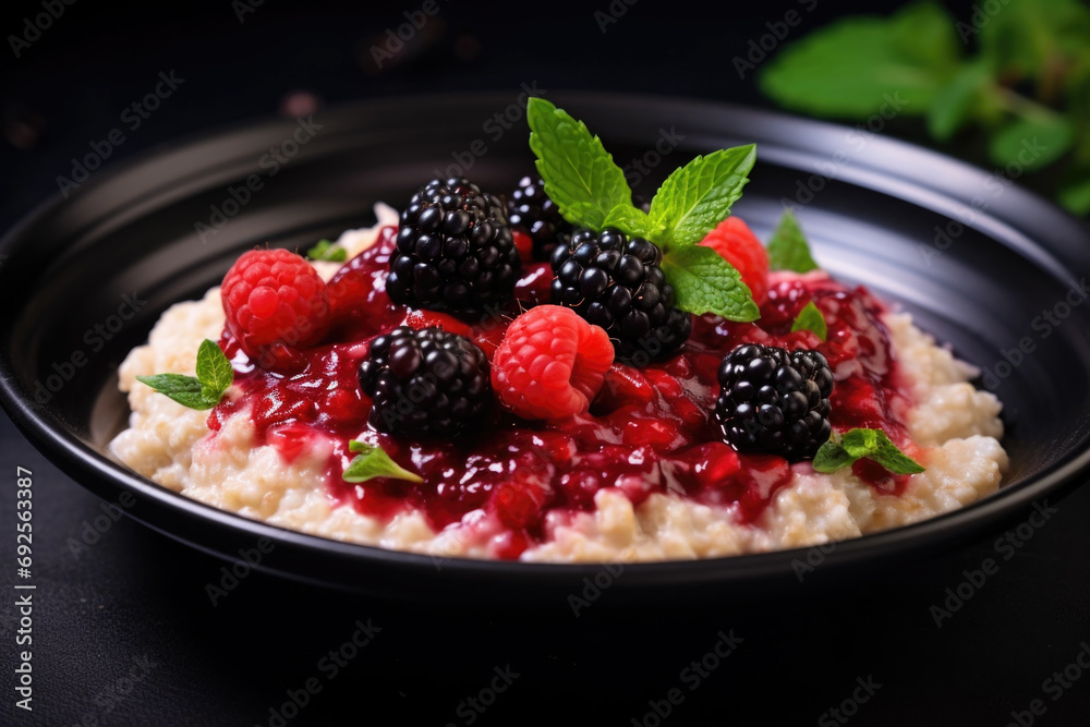 Delicious oatmeal porridge with fresh berry fruit and mint. Healthy breakfast food. Delicious oatmeal porridge with fresh berry fruit and mint. Healthy breakfast food.