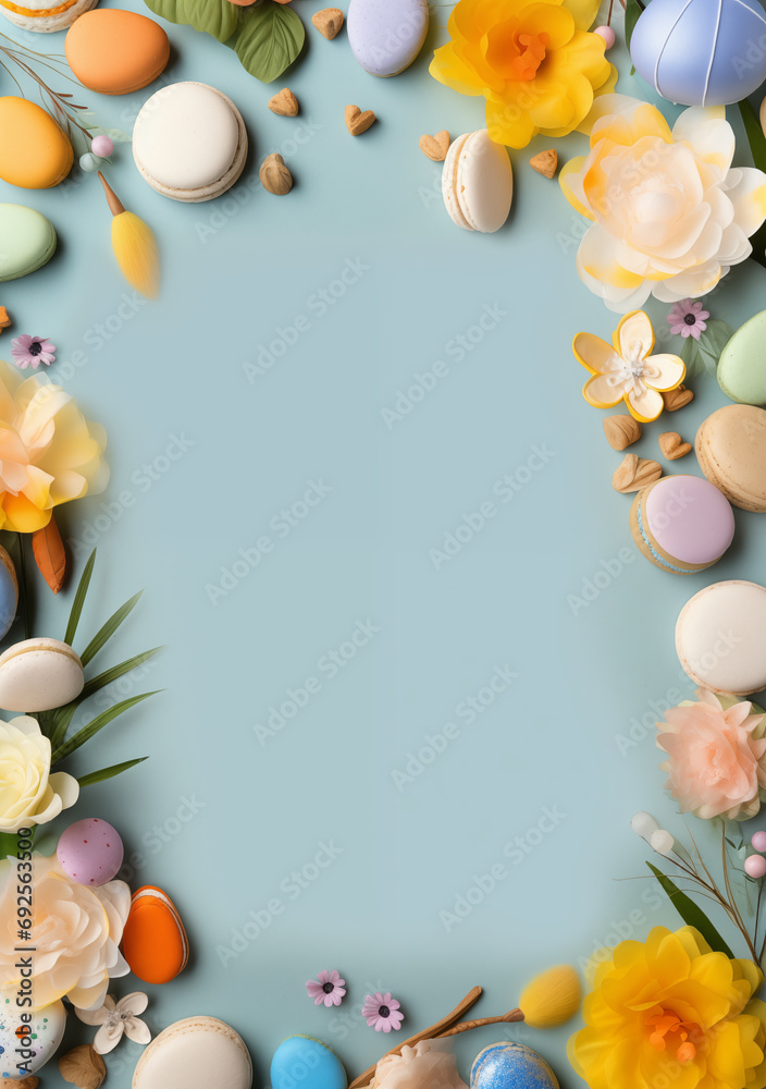Frame made of flowers eggs macarons