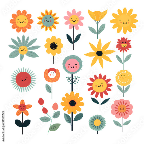 Collection of cute flower for kids on white background.