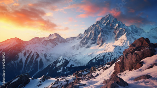 Majestic mountain peaks bathed in the warm glow of a sunset sky.