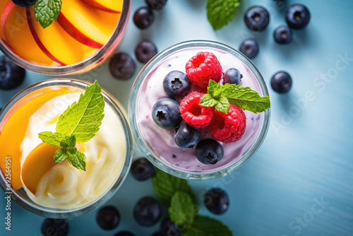 Healthy natural yogurt with fresh fruits and mint, top view