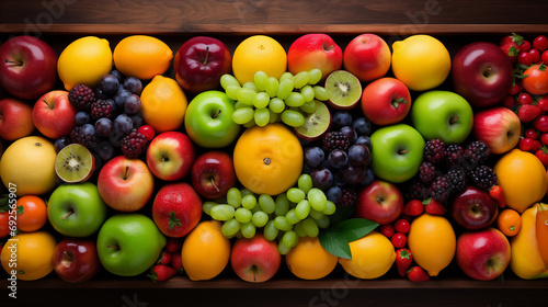 fruit on a wooden table top view  healthy eating concept