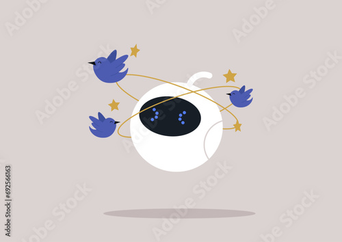 A cute white robot feeling dizzy with blue birds and yellow stars orbiting around their head