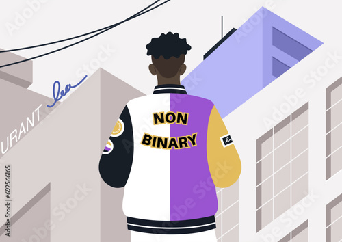 A young character donning a bomber jacket designed to show support for the LGBTQ community, adorned with the vibrant colors of the pride flag and embellished with patches and pins endorsing tolerance
