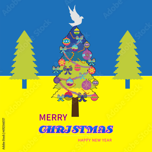 Merry Christmas, Deaf, Ukraine, Fir Trees, Presents, Snow, Holiday, Vector Illustration