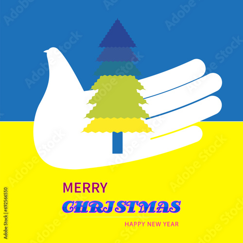 Merry Christmas, Deaf, Ukraine, Fir Trees, Presents, Snow, Holiday, Vector Illustration