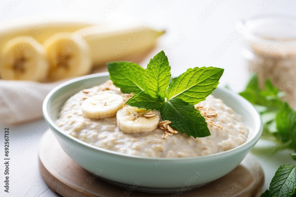 Delicious oatmeal porridge with bananas, honey and mint. Healthy breakfast food. Delicious oatmeal porridge with bananas, honey and mint. Healthy breakfast food.