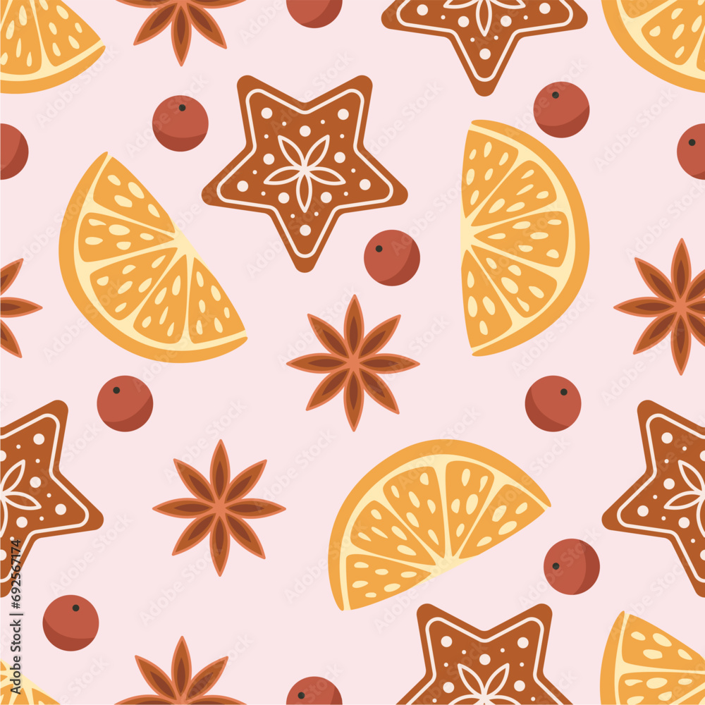 Seamless pattern with orange, cookies and berries 