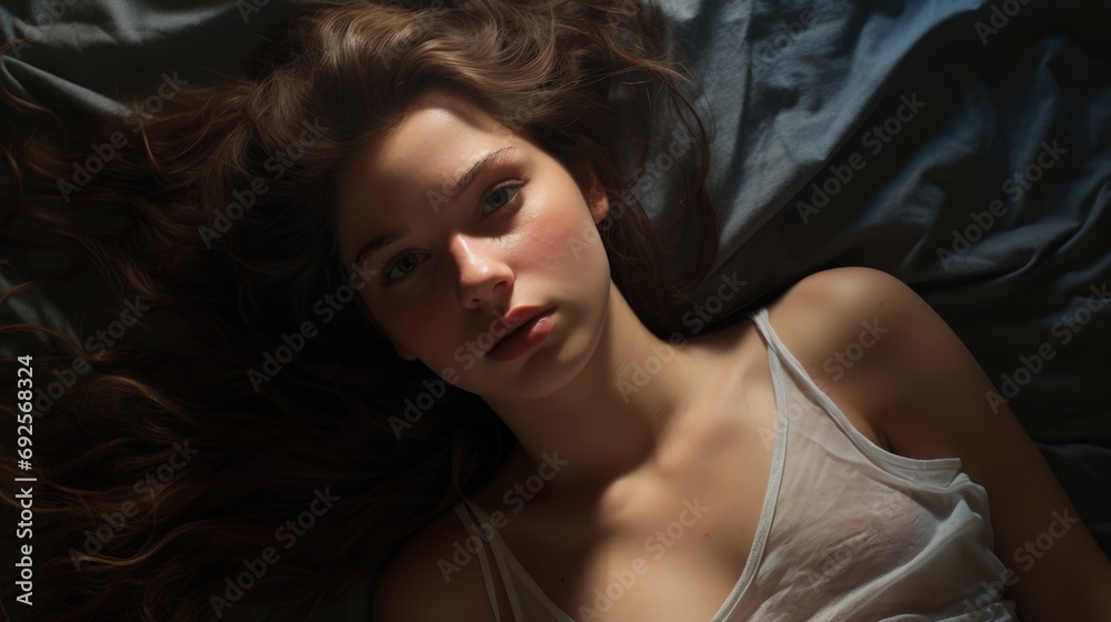 Naklejka premium top view beautiful young woman with natural make up lay insomniac on the bed,look up to the ceil