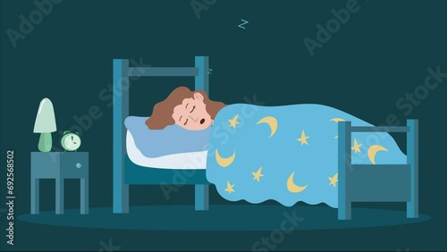 Child Is sleeping on the bed under the moon and star shaped sheet in the dark room at night. Bedroom and sleep concept. vector illustration backgrounds. - 2d animation, 4K Resolution. 