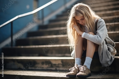Blond-haired schoolgirl sitting on empty stairs cries remembering bullying moments. Girl with long braids afraid to attend school and see bullies photo