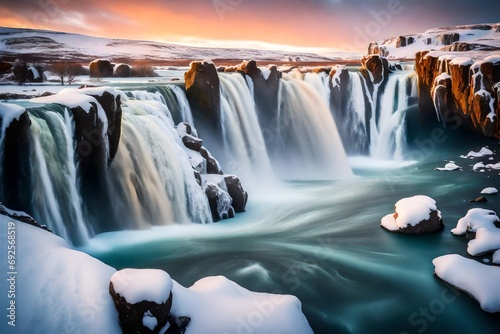 beautiful waterfall during sunstet in forest photo