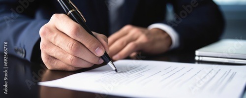 A man is in the process of signing a car insurance document or lease paper, inscribing his signature on the contract or agreement. photo