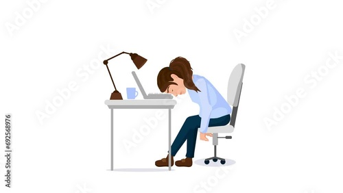 A young woman who is tired of working overtime in his office. Business life and a busy worker concepts. Burnout concept  2D Animation background.  photo