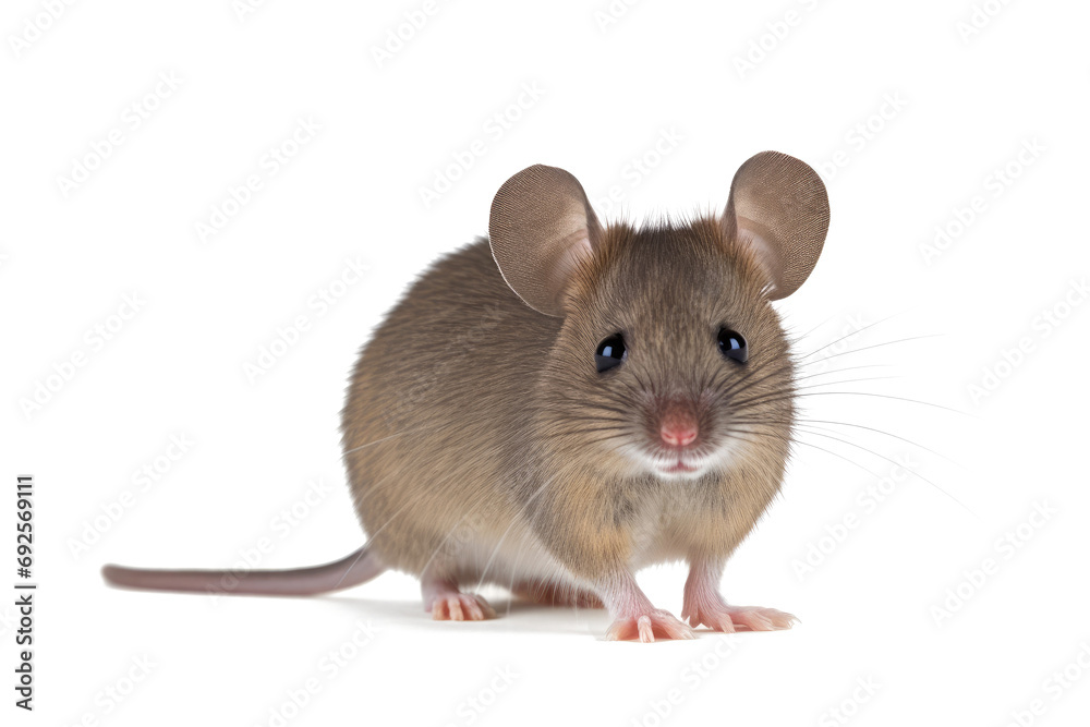 Close up of plain house mouse aka Mus Musculus, standing facing front isolated on white or transparent background.