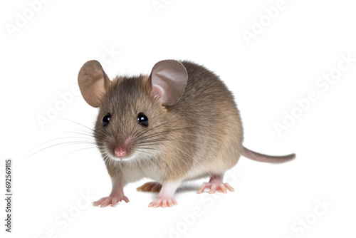 Close up of plain house mouse aka Mus Musculus, standing facing front isolated on white or transparent background. photo