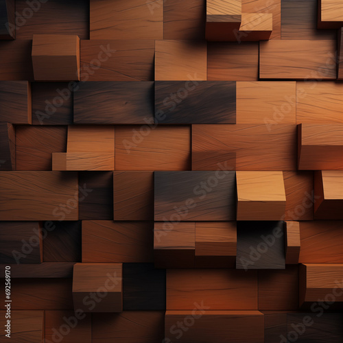 Wall made of wooden blocks in black and luxurious wood colors