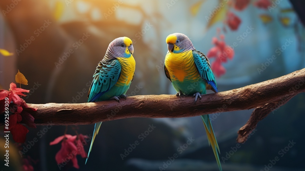 A pair of colorful parakeets perched on a natural branch