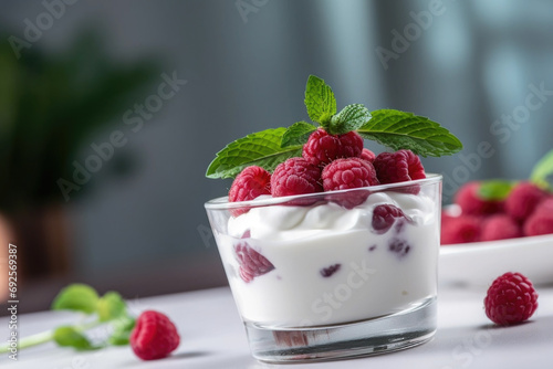 Bowl with healthy natural yogurt, fresh raspberries and mint close up