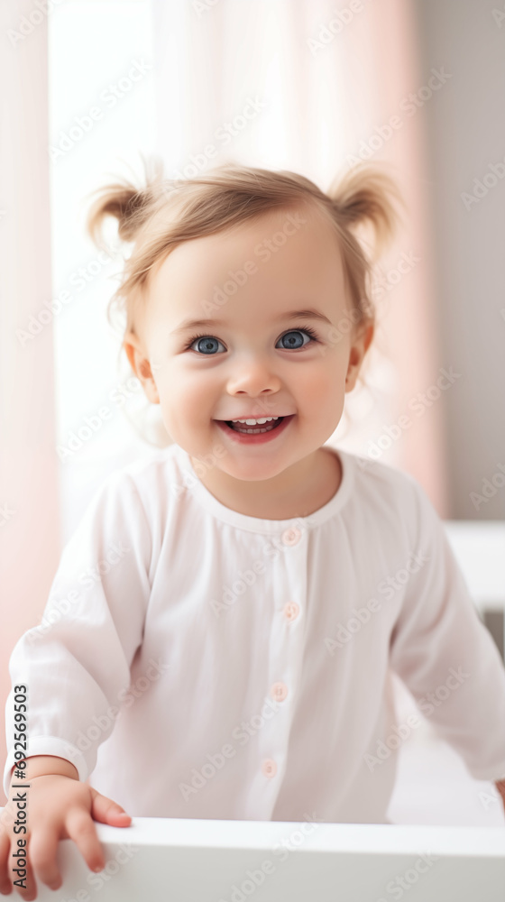 Cheerful Caucasian toddler girl standing in baby crib. Generative AI. Cheerful Caucasian toddler girl standing in baby crib. Generative AI.