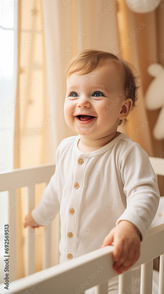 Cheerful Caucasian toddler boy standing in baby crib. Generative AI. Cheerful Caucasian toddler boy standing in baby crib. Generative AI.