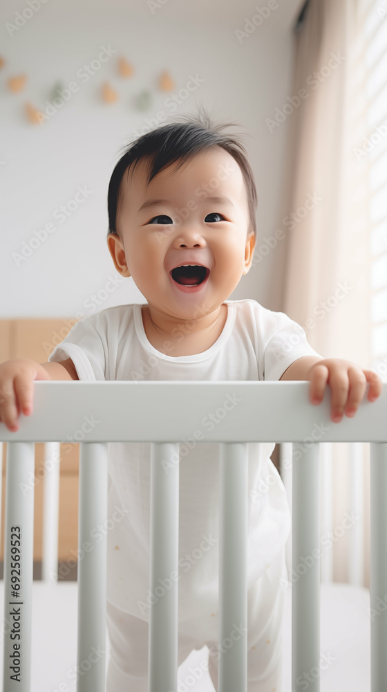 Cheerful Asian toddler boy standing in baby crib. Generative AI. Cheerful Asian toddler boy standing in baby crib. Generative AI.