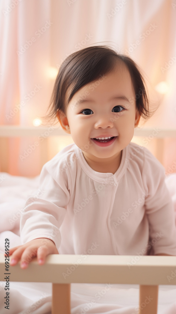 Cheerful Asian toddler girl standing in baby crib. Generative AI.