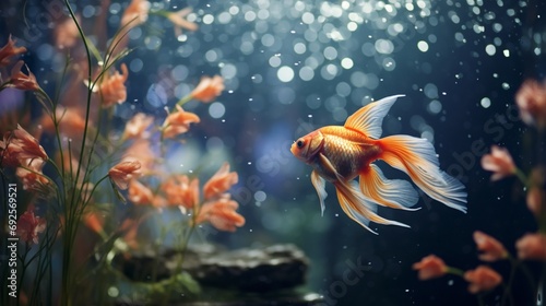 A pair of goldfish swimming among aquatic decorations