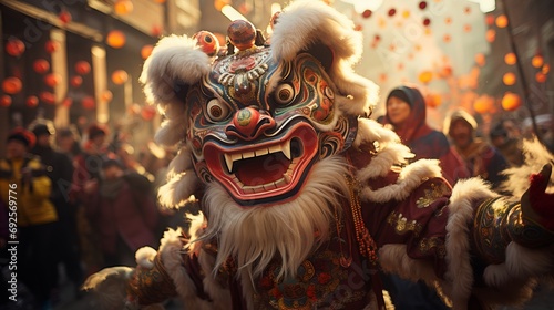 Dragon and lion dance show in Chinese New Year festival. Holiday celebration concept. © tynza