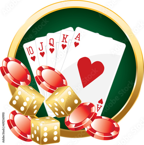 Colorful casino composition. Vector icons set. Golden illustration II. Hearts royal flush.