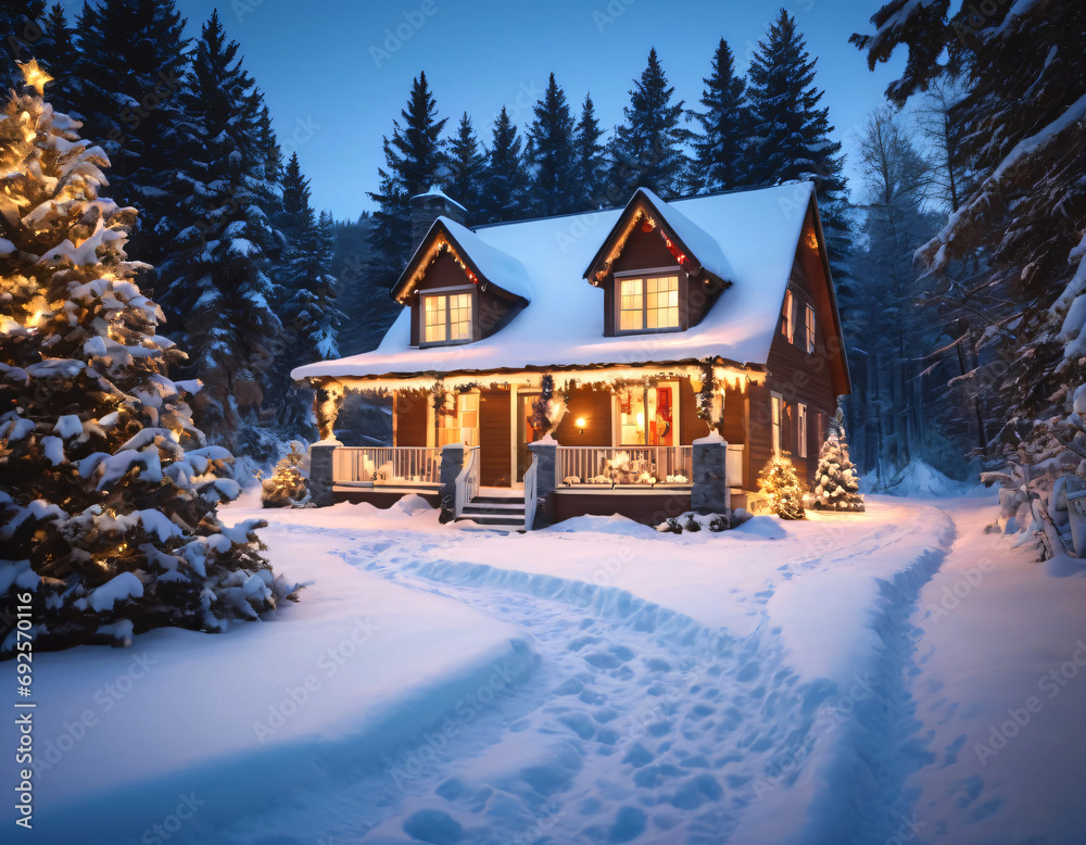 A Christmas cottage among the fir trees.