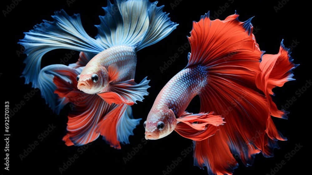 A pair of Siamese fighting fish displaying vibrant fins A pair of Siamese fighting fish displaying vibrant fins