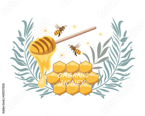 Honeycomb with honey dipper and bees. organic honey. Vector illustration, icon, logo