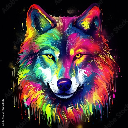 Wolf in abstract, graphic highlighters lines rainbow ultra-bright neon artistic portrait, commercial, surreal surrealism