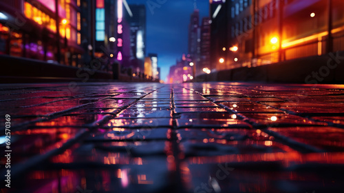 Night city street with wet pavement and illuminated buildings.