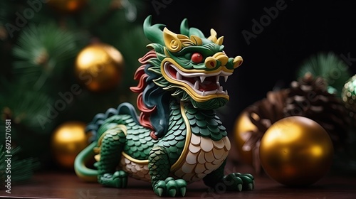 Christmas tree bauble with a green Dragon, symbol of the upcoming 2024 new year. Souvenir with a lunar calendar symbol, traditional Chinese green Dragon