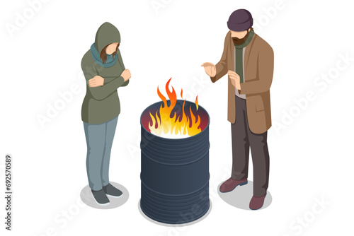 Isometric homeless man and woman warm themselves near the fire. Underprivileged individuals, including homeless men and women, experiencing hunger and depression, living in substandard conditions