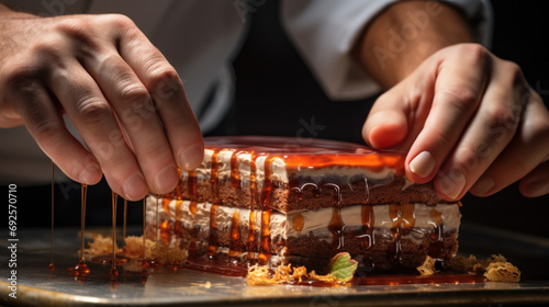 chef creating a beautifully layered Arabic dessert generative ai