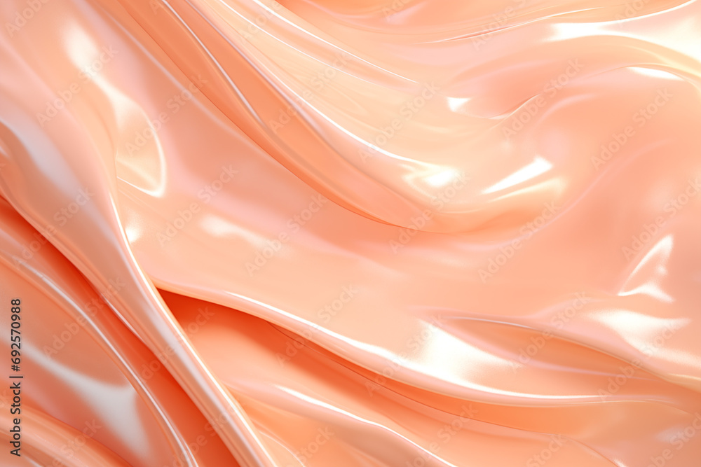 Fototapeta premium Abstract background with smooth wavy lines in peach fuzz colors. Closeup of rippled satin fabric texture. 