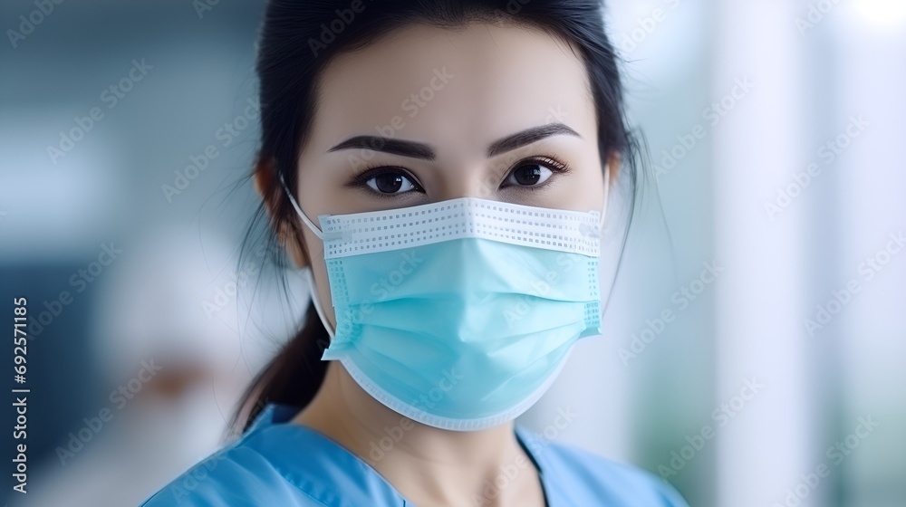Portrait of a Doctor in Surgical Mask with Colleagues in Background Portrait of a Doctor in Surgical Mask with Colleagues in Background