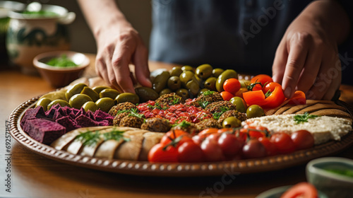 person assembling a plate of traditional arabic meze generative ai