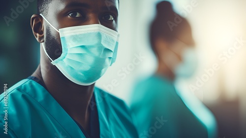 Portrait of a Doctor in Surgical Mask with Colleagues in Background