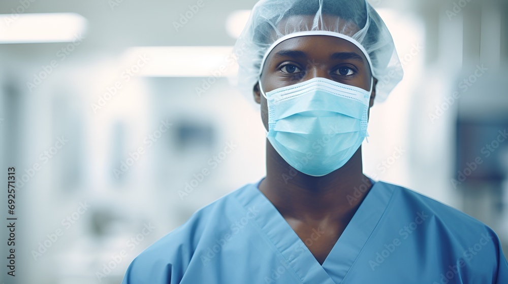 Portrait of Doctor in Surgical Mask with Colleagues in Background Portrait of Doctor in Surgical Mask with Colleagues in Background
