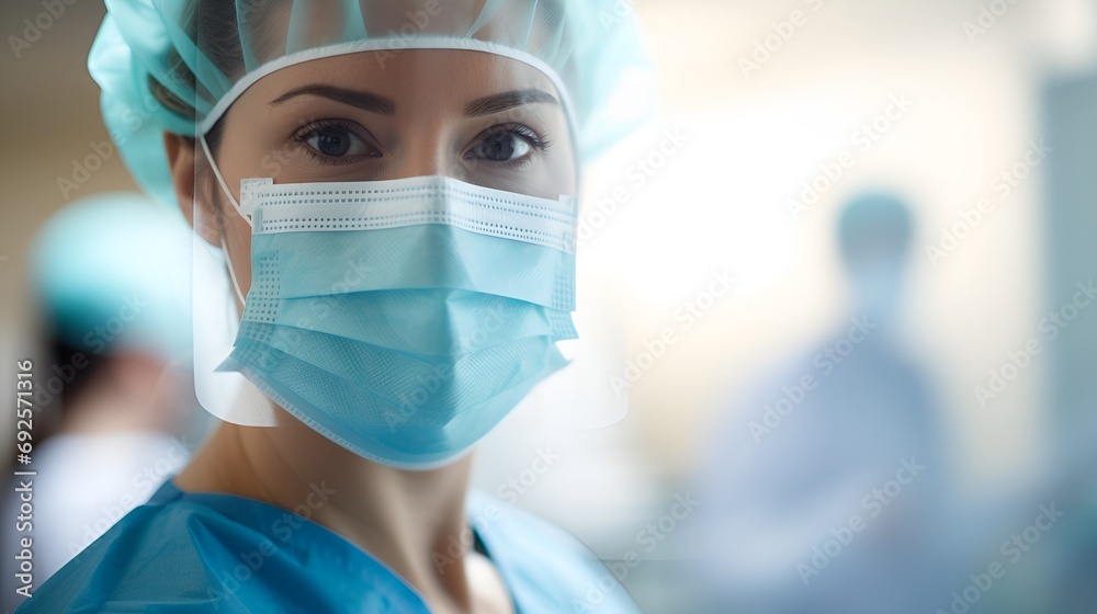 Portrait of Doctor in Surgical Mask with Colleagues in Background