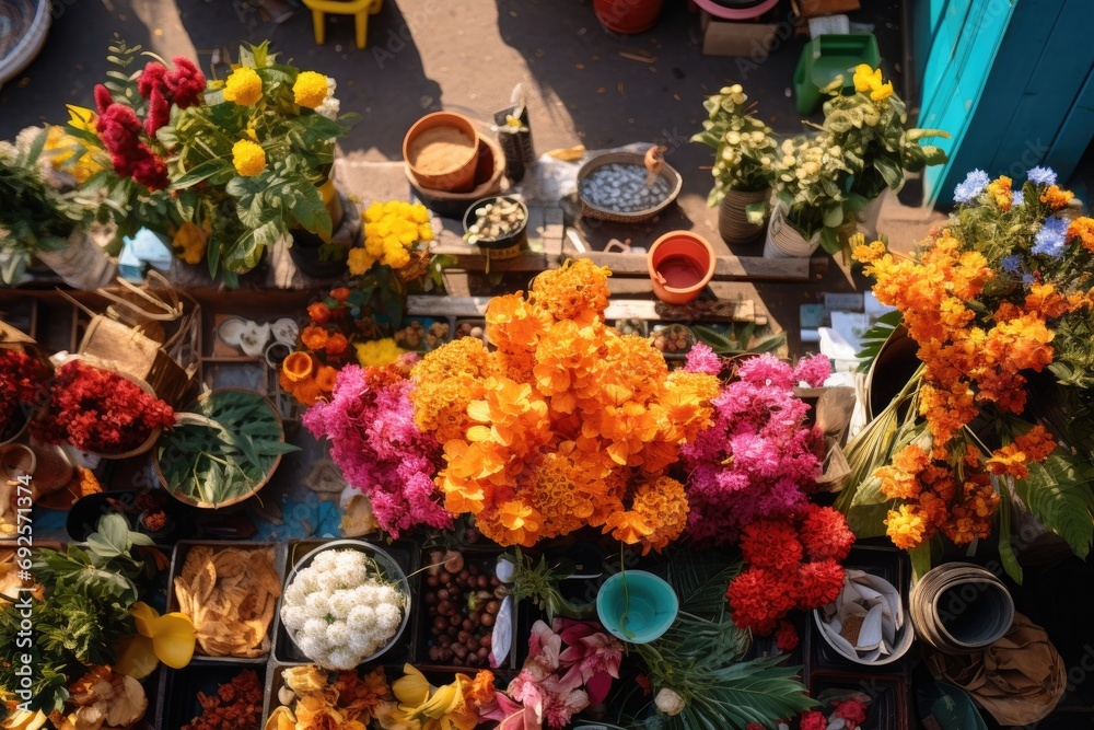Aerial view of a colorful flower market with diverse blooms, vibrant floral arrangement